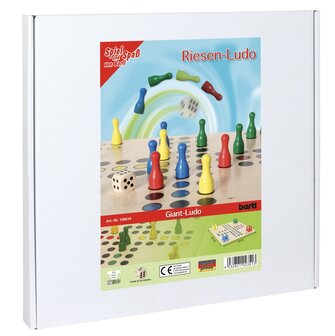 Verpakking van het Giant Ludo spel &ndash; doos met kleurrijke pionnen en dobbelsteen