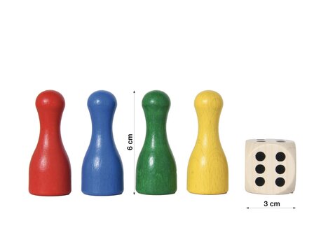 Set van vier grote Ludo-pionnen in rood, blauw, groen en geel, 6 cm hoog, met dobbelsteen