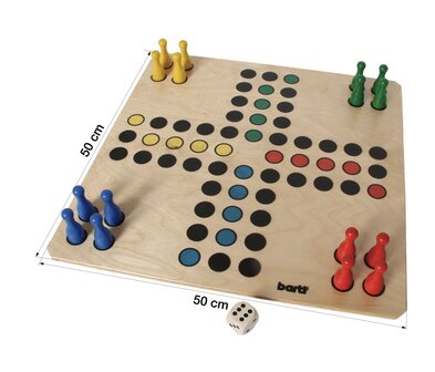 Groot houten Ludo speelbord 50x50 cm met pionnen opgesteld