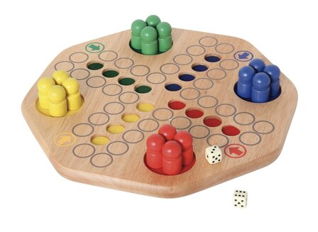 XL houten Ludo speelbord bovenaanzicht met dobbelstenen en pionnen