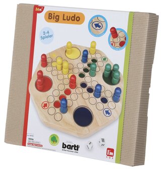 Verpakking van het XL houten Ludo-spel &ndash; schuine aanzicht met speelbord en pionnen
