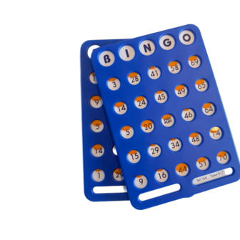Herbruikbare blauwe Bingo schuifkaart met oranje schuifjes &ndash; voorkant