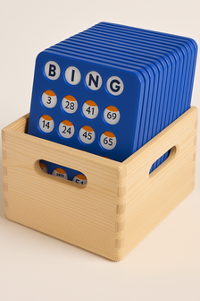 Luxe herbruikbare Bingo‑schuifkaarten 1‑75 (set van 30) in houten opbergkist