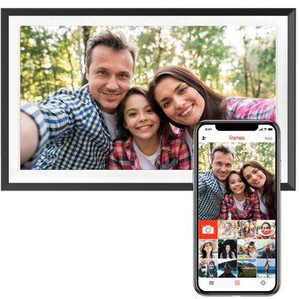 Digitale fotolijst toont foto&rsquo;s, gekoppeld aan smartphone met Frameo-app