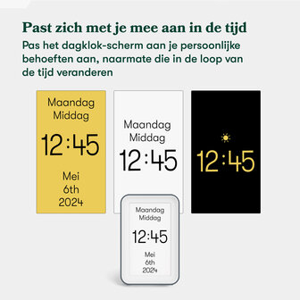 Weergaveopties van de dagklok voor mensen met dementie: pas de kleuren en pictogrammen aan op persoonlijke behoeften.