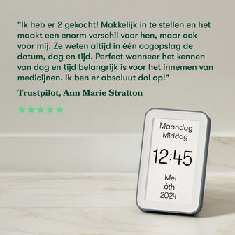 Klantrecensie over dagklok voor dementie op Trustpilot: hulpmiddel bij medicatie-inname en tijdsbesef voor naasten.