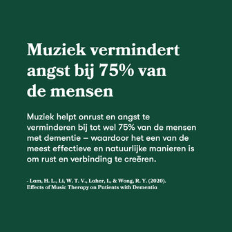Informatieve afbeelding over muziektherapie, met tekst dat muziek angst vermindert bij 75% van de mensen met dementie.