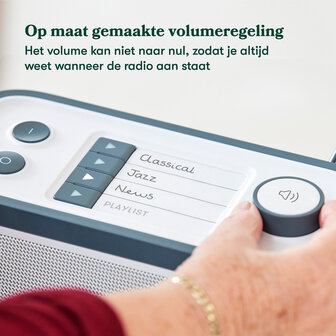 Relish Radio volumeknop met aangepaste regeling die geschikt is voor mensen met dementie, zodat geluid altijd hoorbaar blijft.