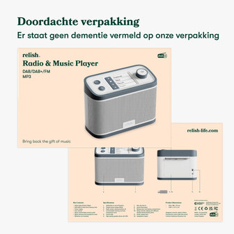 Doordachte verpakking van de Relish Radio, speciaal ontwikkeld voor mensen met dementie, zonder dat dementie vermeld wordt op d