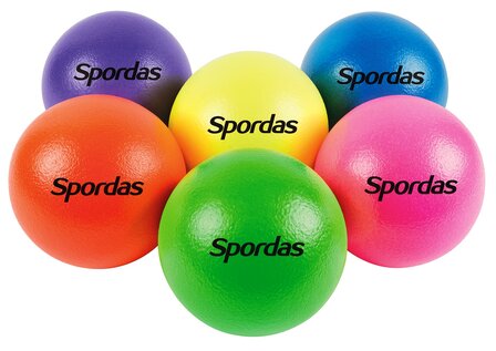 Zes zachte fluo olifantenballen van Spordas in verschillende felle kleuren (groen, oranje, roze, geel, blauw en paars), ideaal 