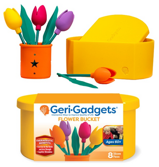 Geri-Gadgets Flower Bucket complete set met verpakking, inclusief oranje pot en kleurrijke bloemen. Ontworpen als therapeutisch