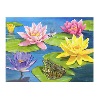 Afbeelding van de Lily Pond puzzel voor mensen met dementie, met kleurrijke waterlelies, kikker en libelle op een rustgevende v