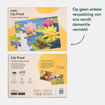 Voorkant en achterkant van de verpakking van de Lily Pond puzzel &ndash; zonder enige vermelding van dementie.