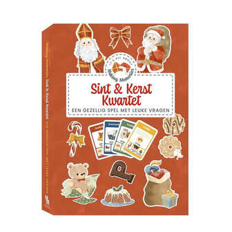 Sint &amp; Kerst Kwartet&rsquo; met illustraties van Sinterklaas, Kerstman, en feestelijke symbolen.