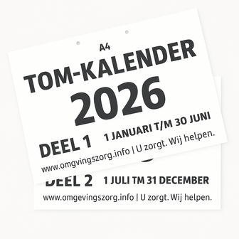 TOM-kalender 2026, deel 1 en 2, grootletter dagkalender voor mantelzorgers en mensen met dementie.