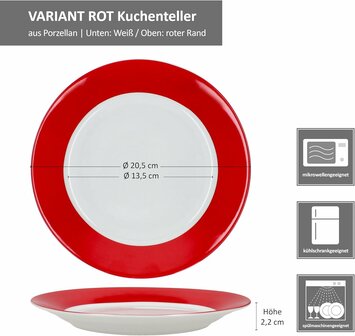 Servies met rode rand  - Ontbijt/dessert borden &Oslash; 20,5 cm, spiegel &Oslash; 13,5 cm, hoogte 2,2 cm