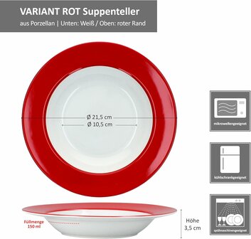 Servies met rode rand  - 6x soep borden &Oslash; 21,5 cm, spiegel &Oslash; 10,5 cm, hoogte 3,5 cm