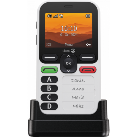 Senioren telefoon met GPS noodknop – Doro Leva X10 - voorkant in houder