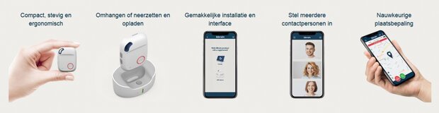 Overzicht complete alarmset met apparaat, oplaadstation en draagkoord voor veilige alarmering