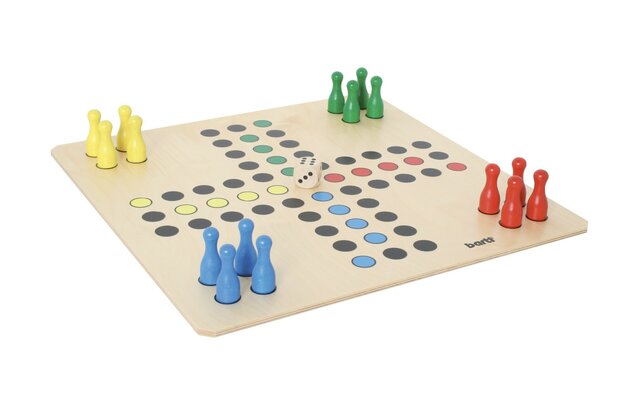 Bovenaanzicht van het Giant Ludo bord 50x50 cm met alle pionnen opgesteld