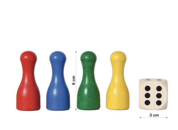 Set van vier grote Ludo-pionnen in rood, blauw, groen en geel, 6 cm hoog, met dobbelsteen