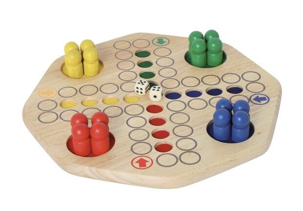 XL houten Ludo speelbord met gekleurde pionnen opgesteld