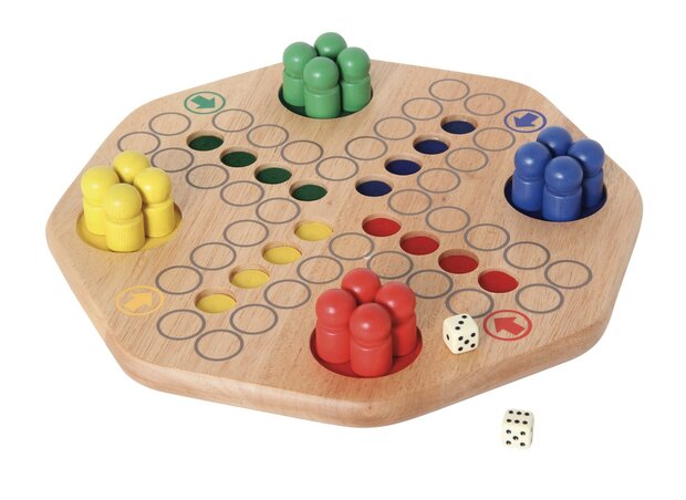 XL houten Ludo speelbord bovenaanzicht met dobbelstenen en pionnen