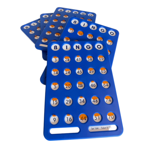 Set van herbruikbare Bingo schuifkaarten met grote cijfers en schuifjes
