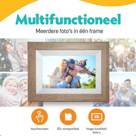 Multifunctionele digitale fotolijst met touchscreen, SD-ondersteuning en HD-kwaliteit.