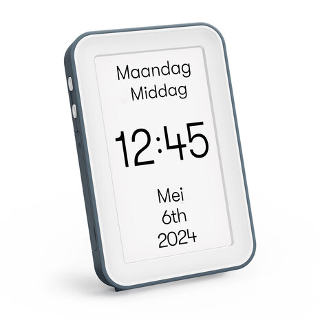 Digitale dagklok voor mensen met dementie, toont dag, dagdeel, tijd en datum duidelijk en overzichtelijk.