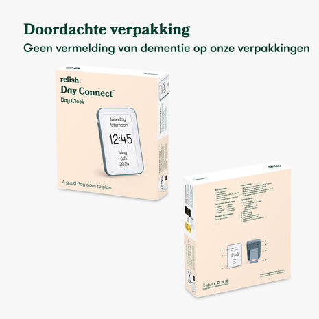 Verpakking van de dagklok voor dementiegebruik, bewust zonder vermelding van dementie op de doos – geschikt als discreet