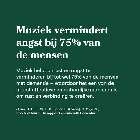 Informatieve afbeelding over muziektherapie, met tekst dat muziek angst vermindert bij 75% van de mensen met dementie.