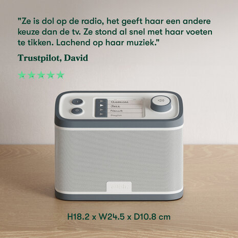 Relish Radio met Trustpilot-review en afmetingen, geliefd hulpmiddel voor muziekbeleving bij mensen met dementie.