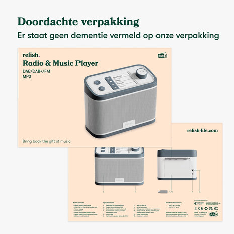 Doordachte verpakking van de Relish Radio, speciaal ontwikkeld voor mensen met dementie, zonder dat dementie vermeld wordt op d