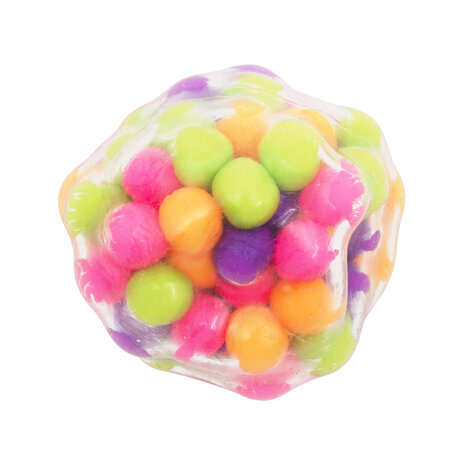 Close-up van een DNA Squishy bal met felgekleurde bolletjes, ontspannend en visueel stimulerend voor mensen met dementie.