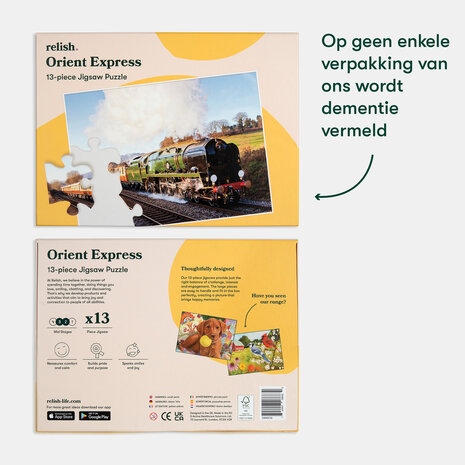 Verpakking van de Relish Orient Express puzzel zonder vermelding van dementie — discreet ontworpen voor gebruik in elke 