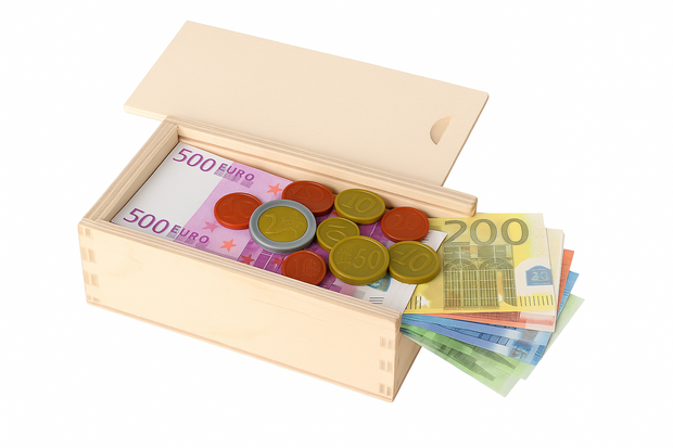 Euro biljetten en munten (nep) in bewaar doosje