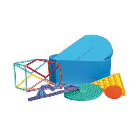 Complete set van de Geri-Gadgets Fidget Gidget Bucket met vijf kleurrijke gadgets: klikketting, sensorische mat, pop-it, squish