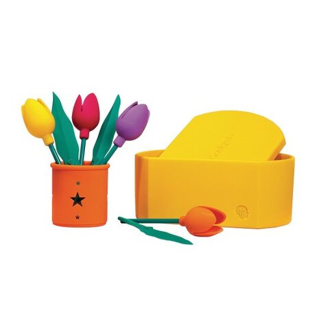 Set van de Geri-Gadgets Flower Bucket met felgekleurde siliconen tulpen, oranje pot en gele opbergdoos. Zintuiglijke activiteit