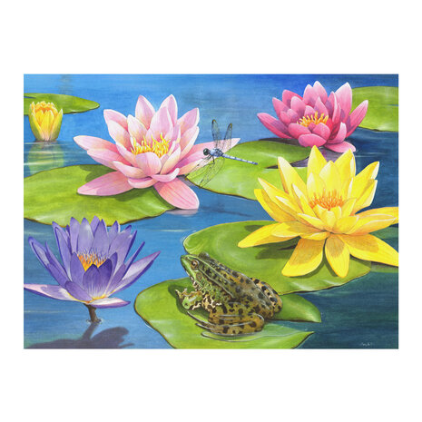 Afbeelding van de Lily Pond puzzel voor mensen met dementie, met kleurrijke waterlelies, kikker en libelle op een rustgevende v