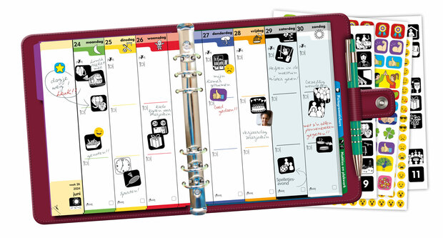 Pictogenda 2026 weekoverzicht met pictogrammen en persoonlijke aantekeningen, helpt dagelijkse activiteiten te plannen en herke