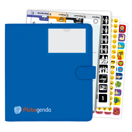 Pictogenda 2026 met blauwe ringbandmap, agenda-inhoud en pictogramstickers, visuele planner die rust en houvast biedt bij demen