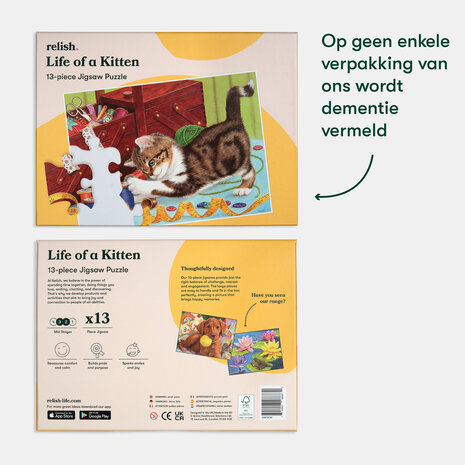 Discrete verpakking van de Life of a Kitten puzzel – zonder verwijzing naar dementie, ideaal als cadeau.