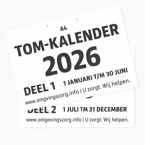 TOM-kalender 2026, deel 1 en 2, grootletter dagkalender voor mantelzorgers en mensen met dementie.