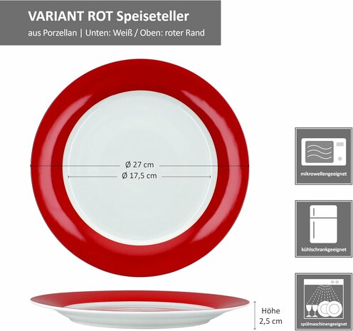 Servies met rode rand  - 6x dinner borden Ø 27 cm, spiegel Ø 17,5 cm, hoogte 2,5 cm