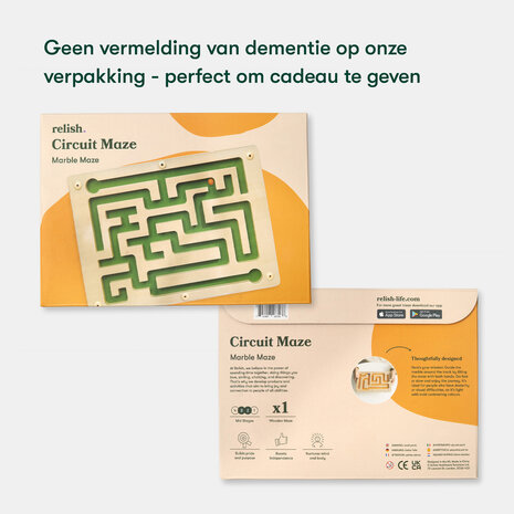 Voor- en achterkant van de verpakking van het knikkerdoolhof &ndash; ontworpen voor mensen met dementie, zonder stigmatiserend