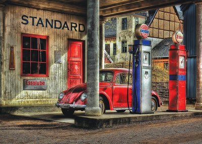Puzzel - 260 XL stukjes - Tankstation met rode auto - VW-Kever