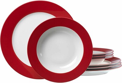 *Servies met rode rand - porselein - diverse borden