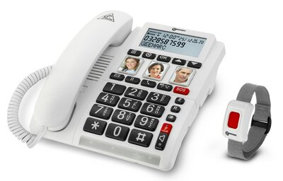 Seniorentelefoon met SOS-alarmzender |  vaste telefoonlijn, simkaart, wifi