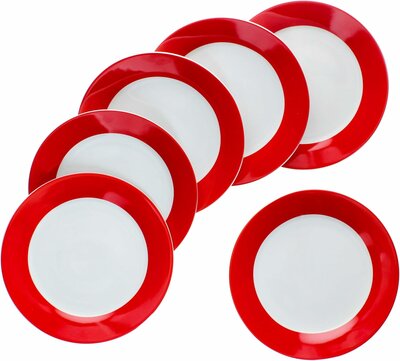 Servies met rode rand  - 6x Ontbijt/dessert borden Ø 20,5 cm, spiegel Ø 13,5 cm, hoogte 2,2 cm